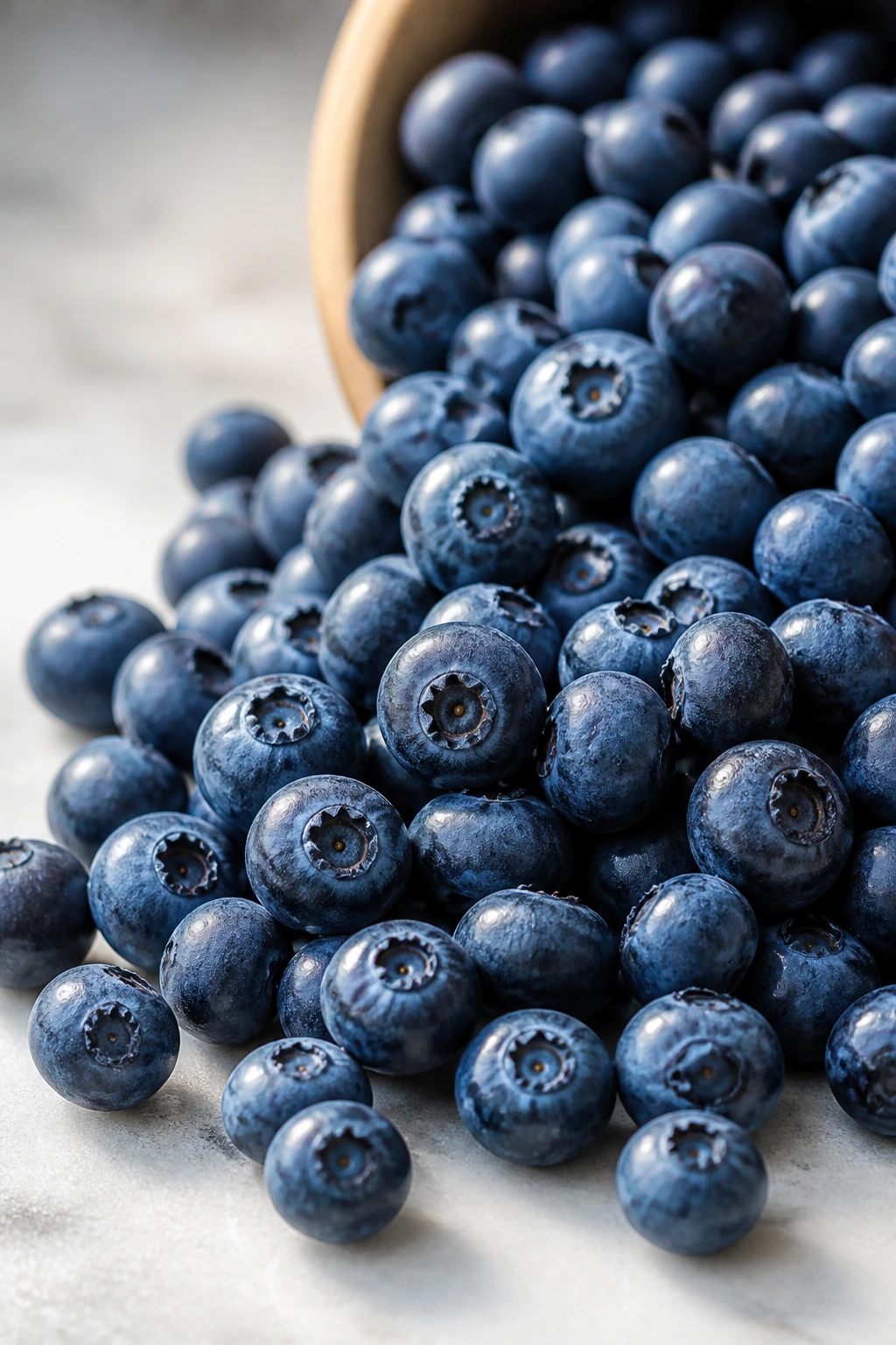 Fresh blueberries spilling onto a surface in natural light