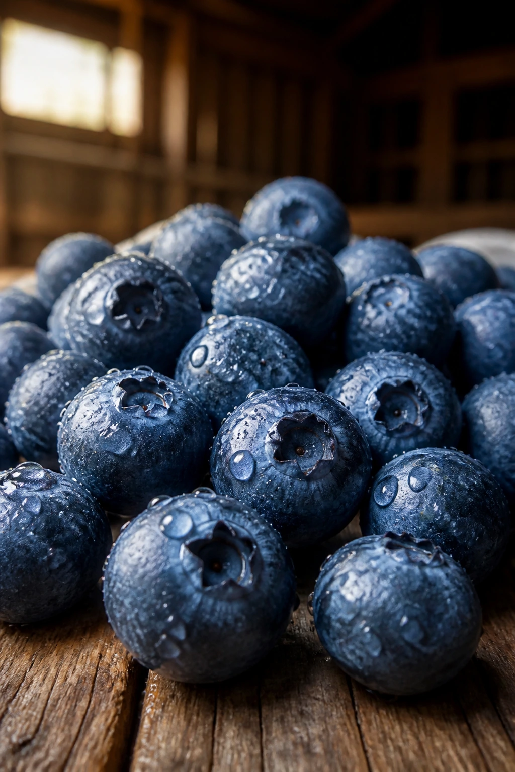 Close-up of plump blueberries on a rustic surface under soft light.