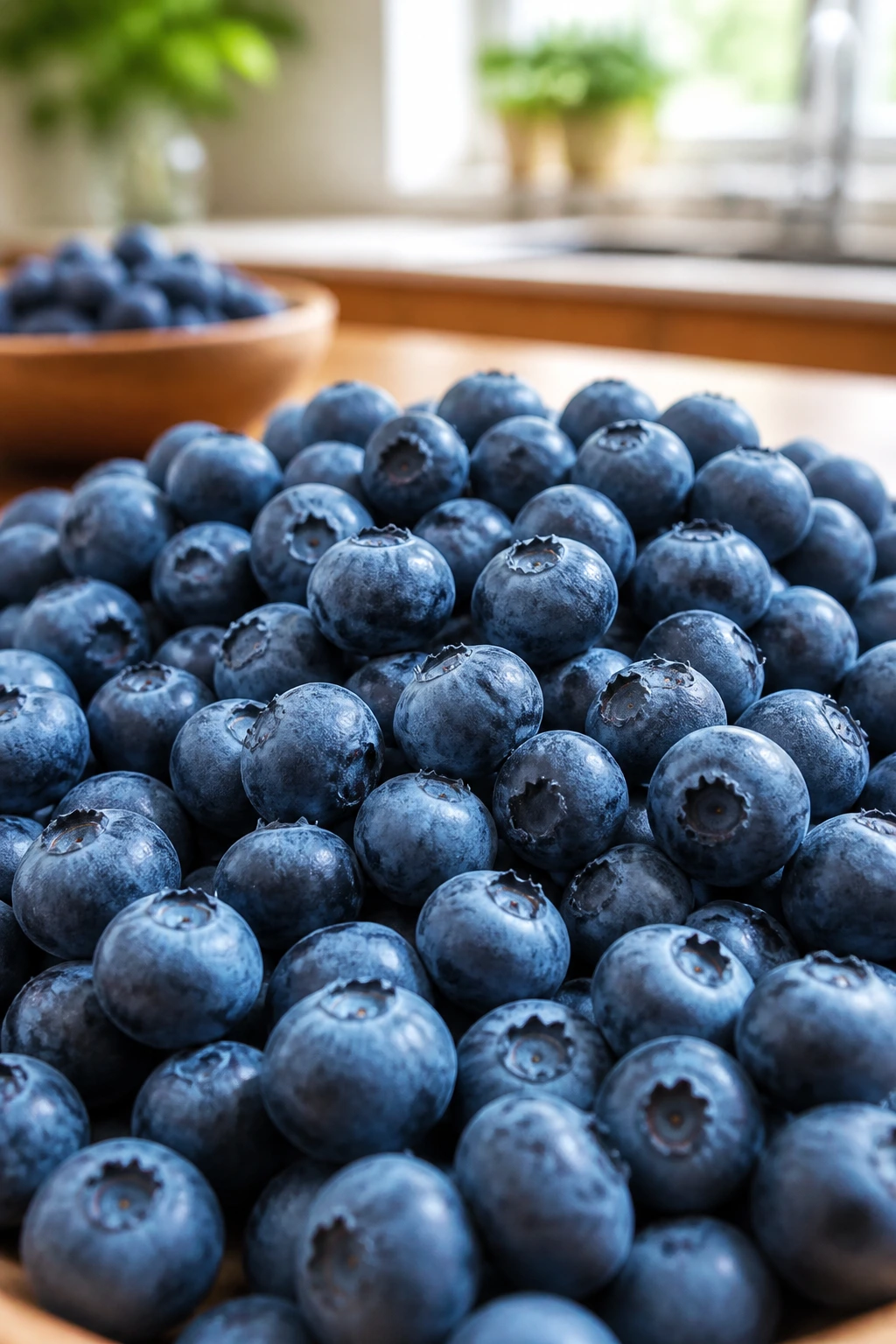 What Happens If You Eat Blueberries Everyday? 8 Close-up of fresh blueberries filling the frame on a wooden kitchen counter