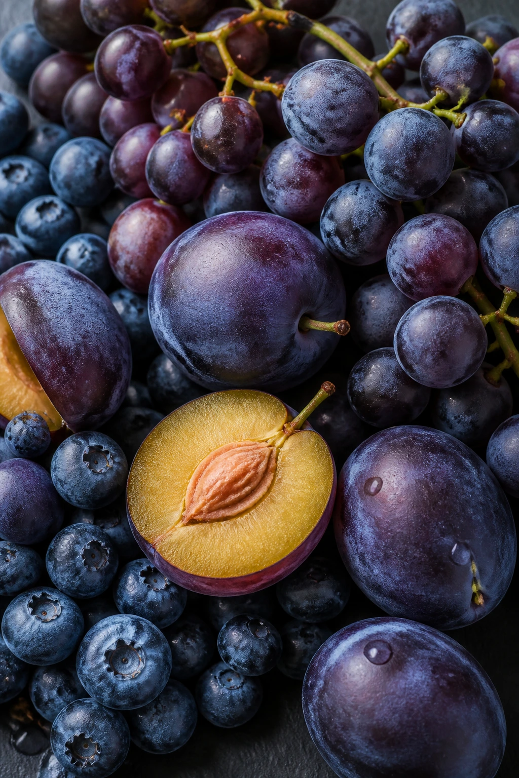 Close-up of blueberries, Concord grapes, and plums on dark slate