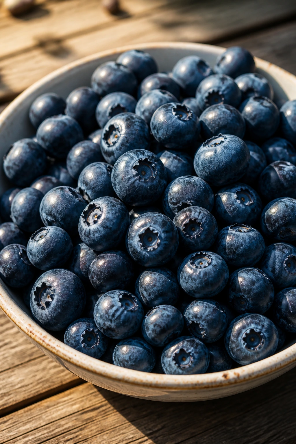 Blueberries in a rustic bowl on a sunlit wooden table.