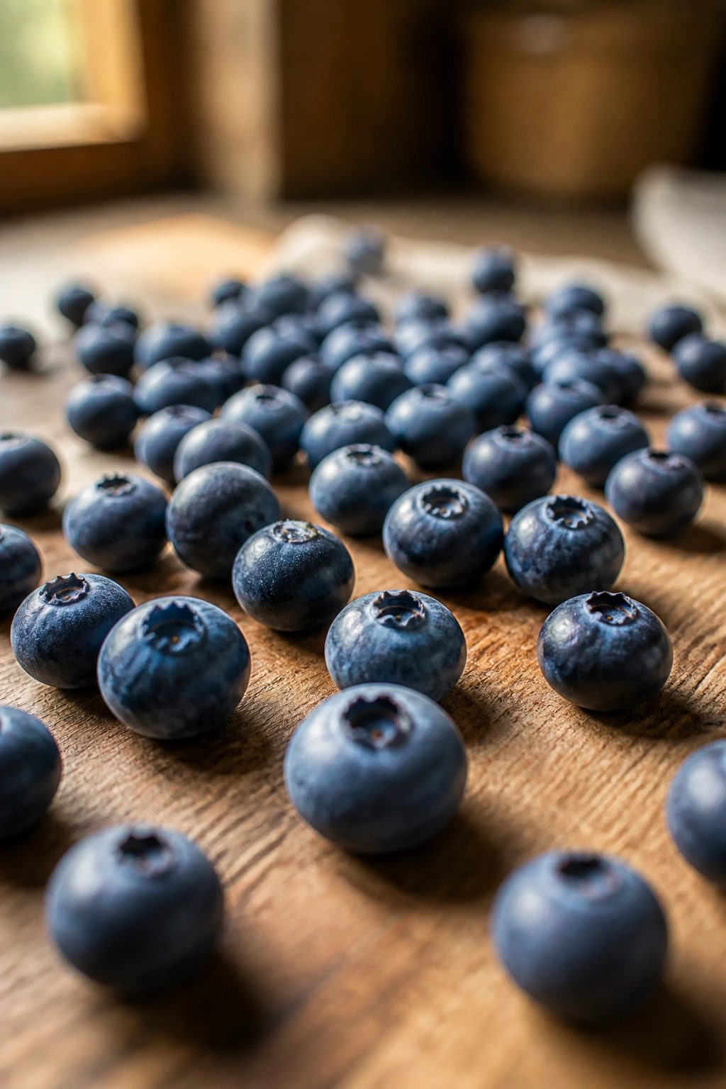 Blueberries scattered on a cutting board with warm light.