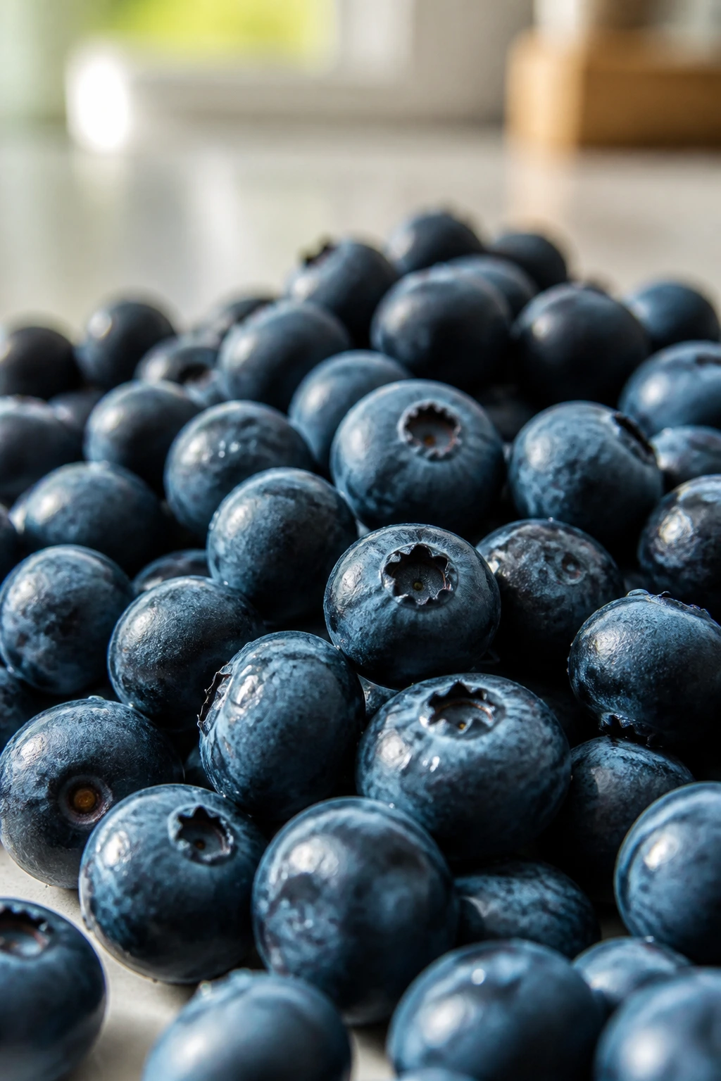Close-up of a handful of blueberries filling the frame