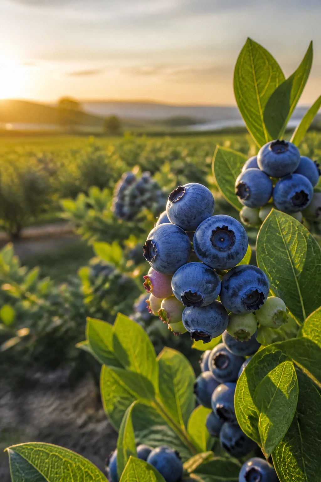 When Are Blueberries In Season? Harvest Season By Regions 3 Close-up of blueberry clusters on a bush with a European farm backdrop