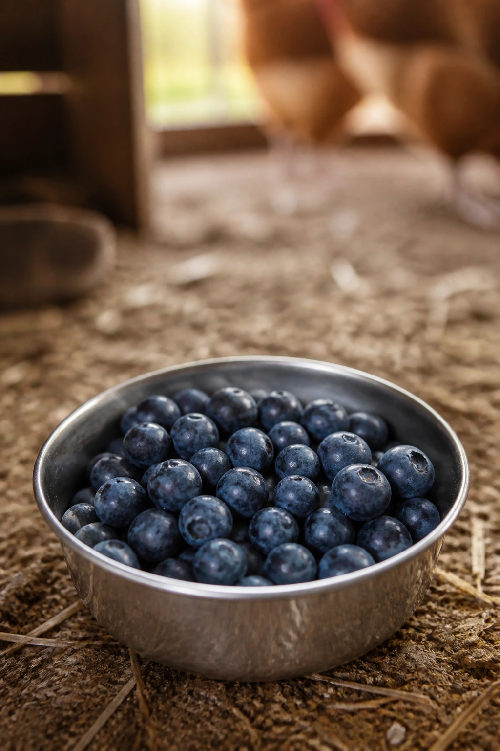 Blueberries in a feeding dish on a coop floor.