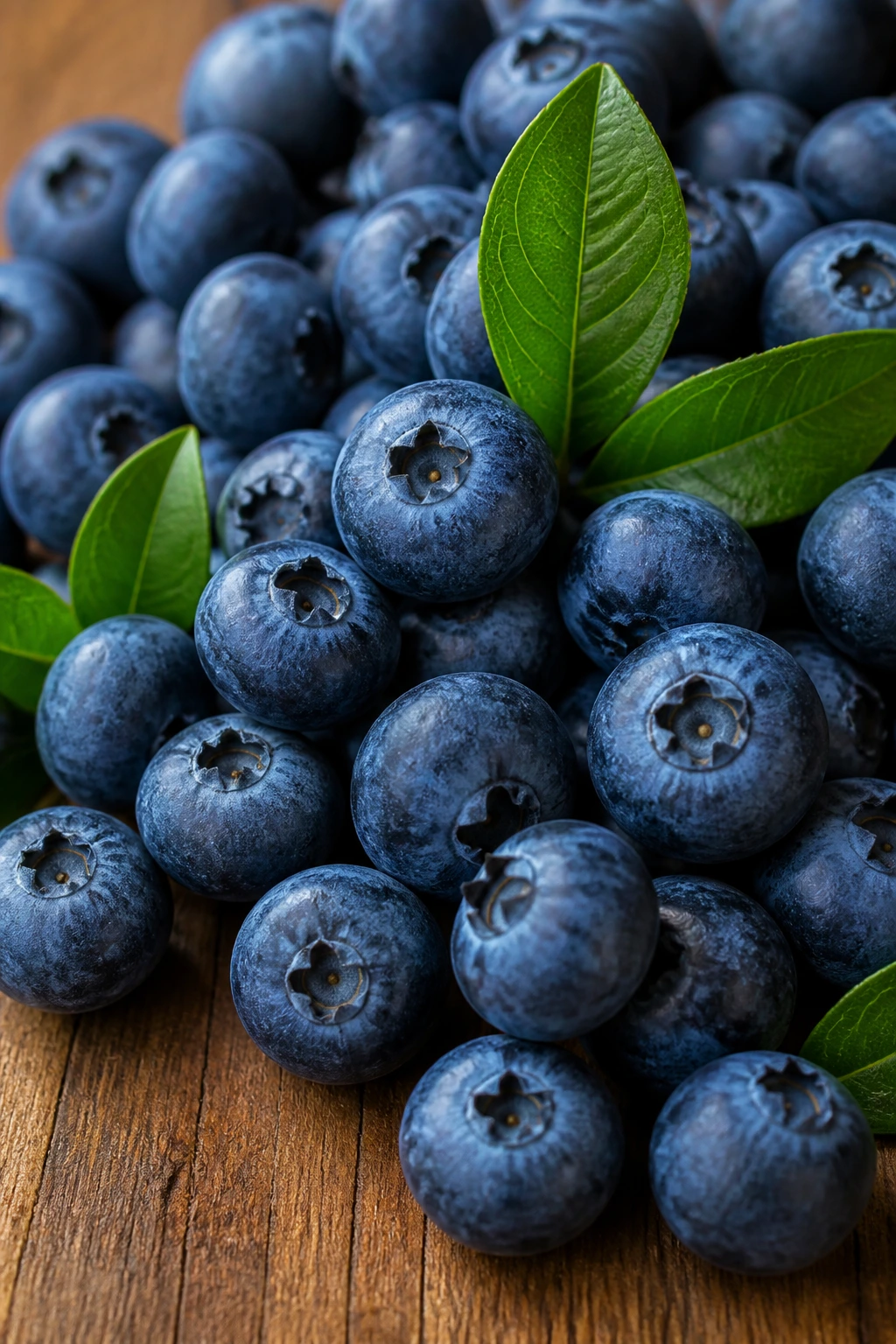 12 Interesting Fun Facts About Blueberries 5 Blueberries with leaves on a wooden surface