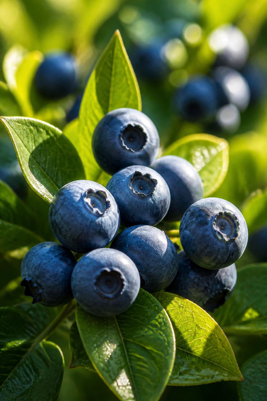 Blueberries on green leaves in sunlight