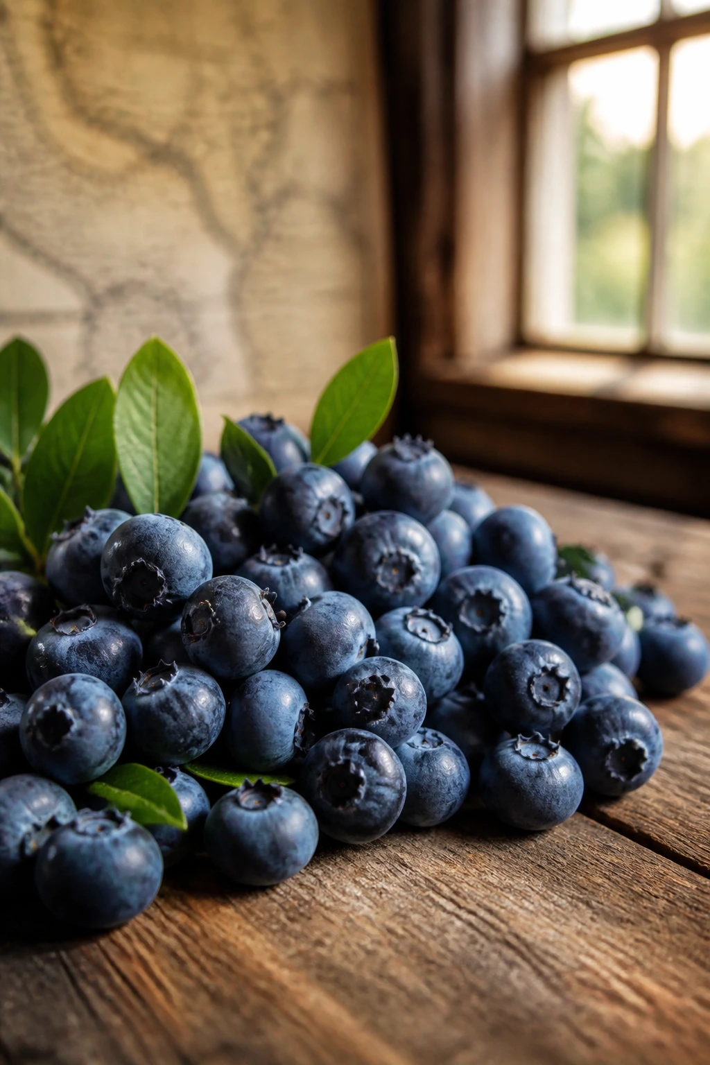 Close-up of blueberries on a wooden table with a rustic, historic background.
