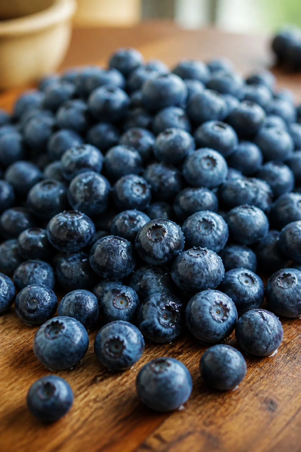 Blueberries on a wooden kitchen counter under natural light