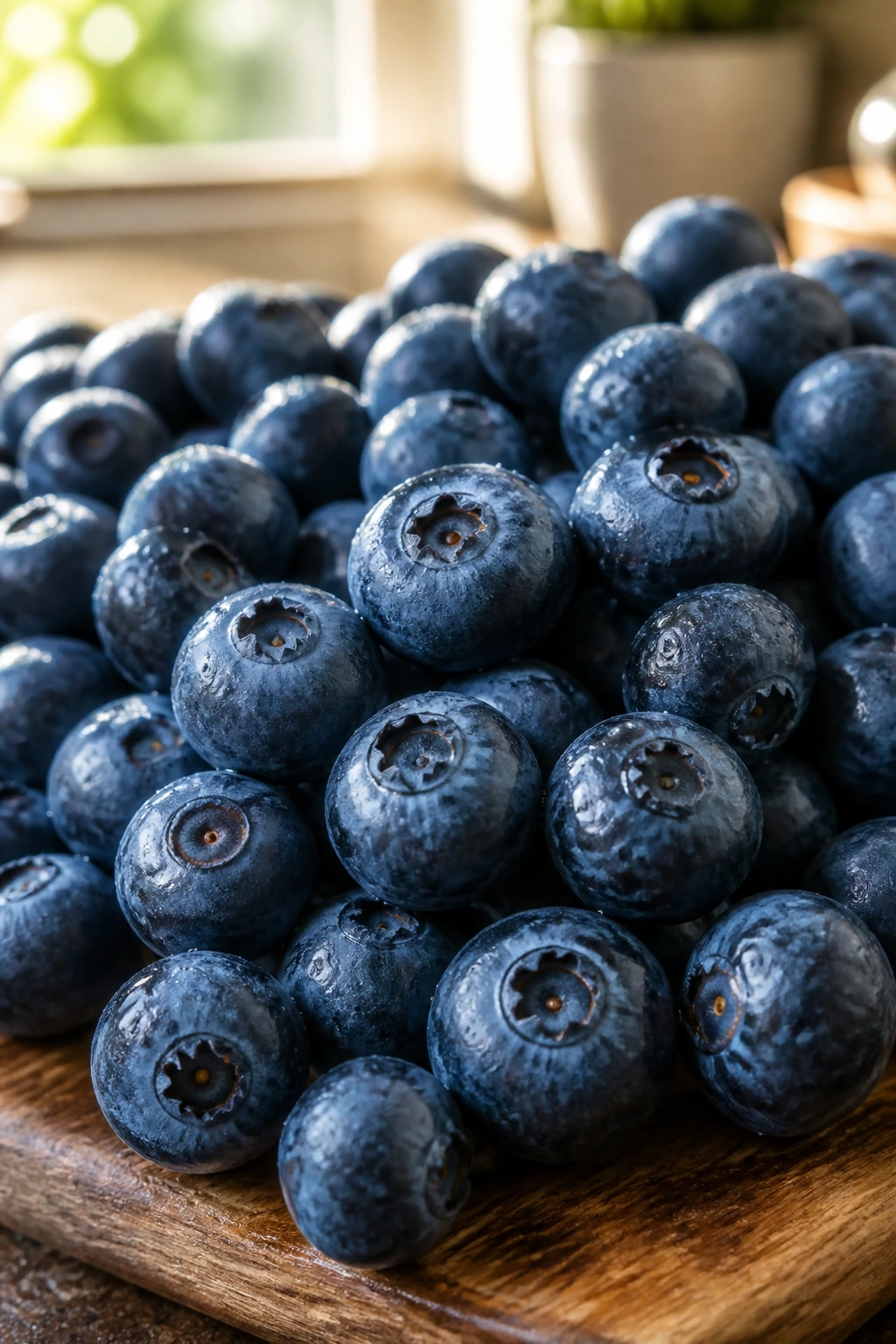 Close-up of a heap of blueberries on a wooden cutting board in warm kitchen light