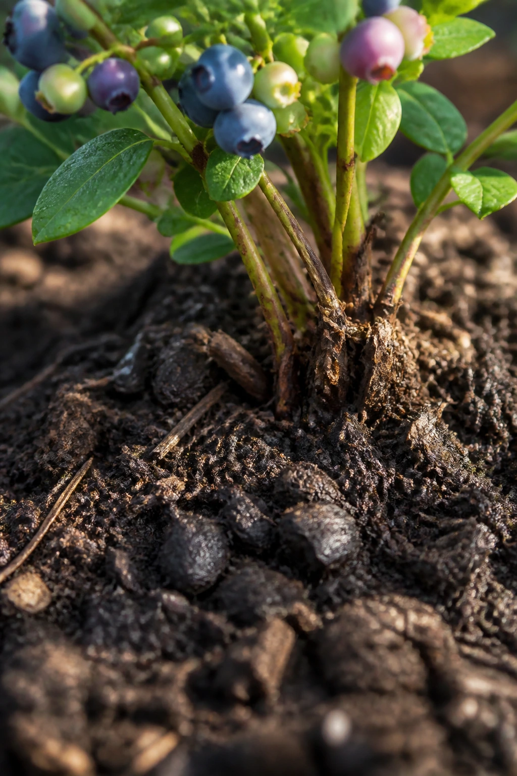 Is Manure Good for Blueberries? Which is the Best Manure? 1 Close-up of blueberry shrub base with rich compost-enriched soil around roots