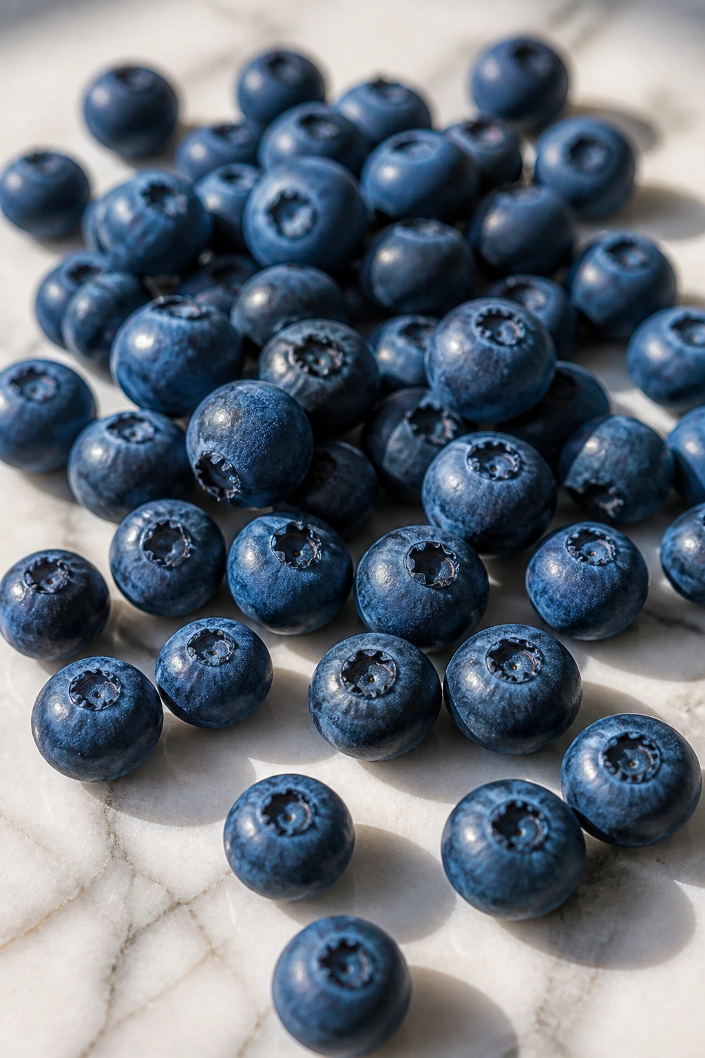 Blueberries spread on marble surface under natural light