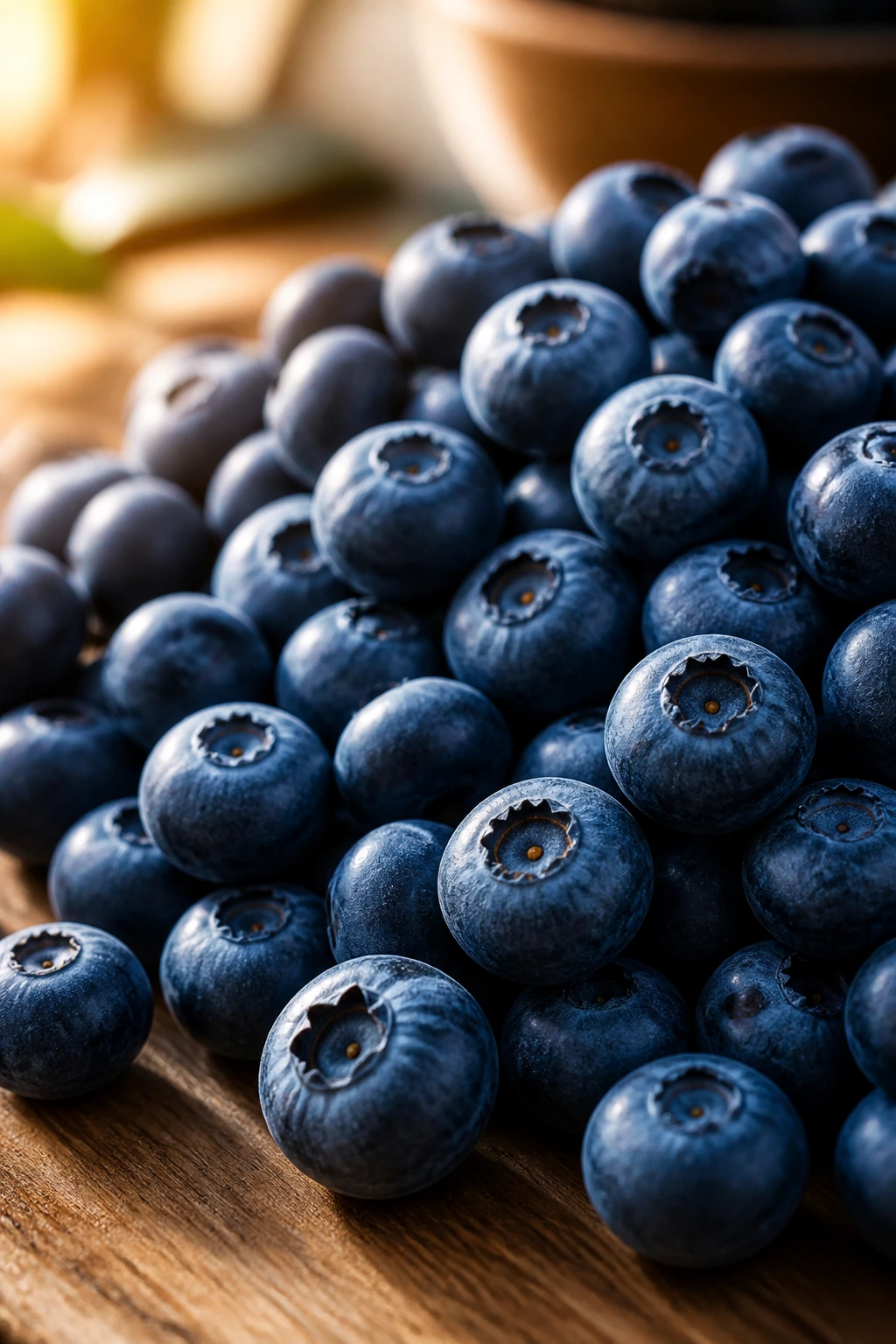 Fruit For Breakfast: Is It Good To Eat Fruit In The Morning? 3 Handful of blueberries in morning light on wooden surface.