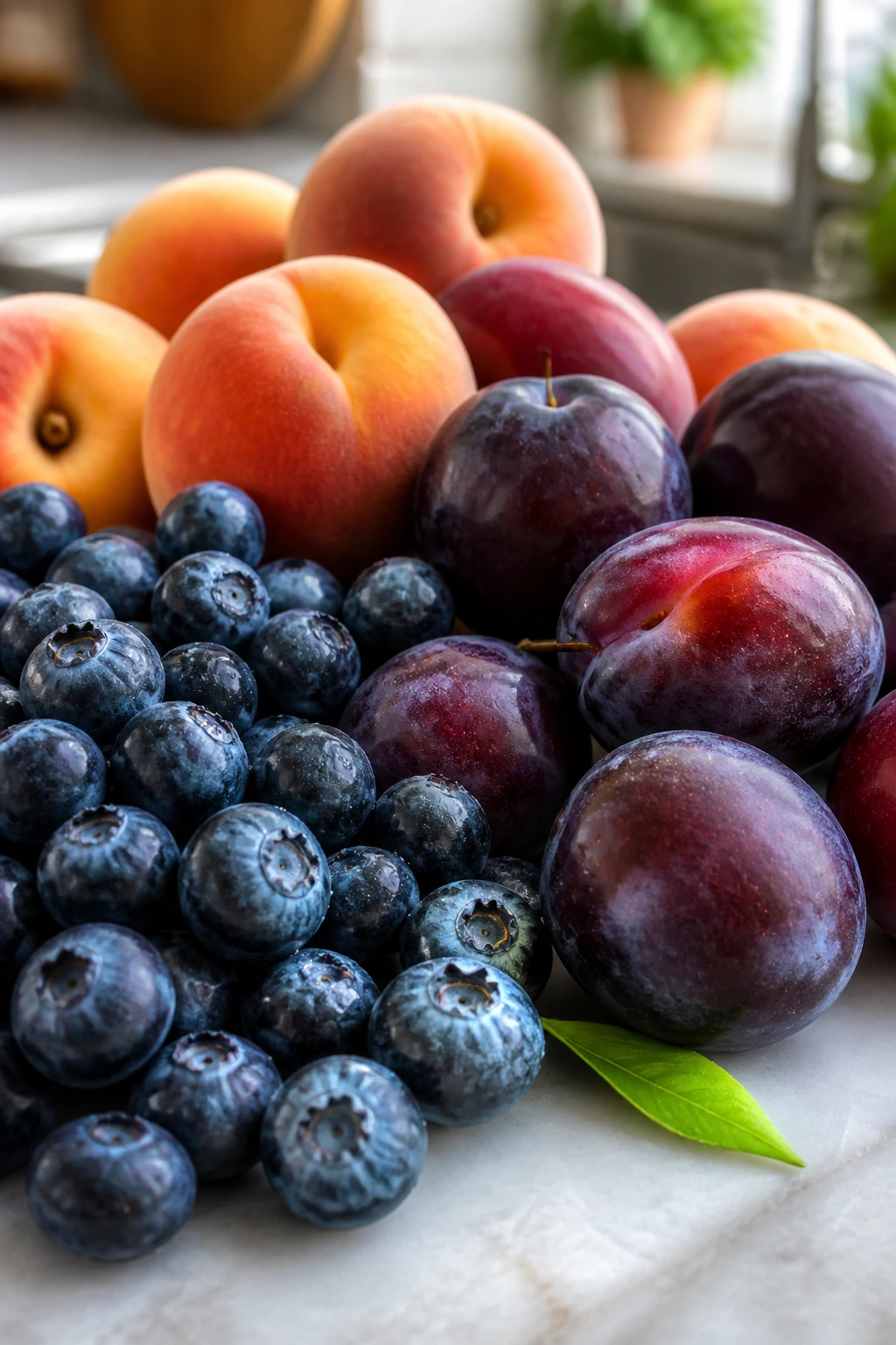 Close-up of blueberries, plums and peaches highlighting breath-friendly fruits