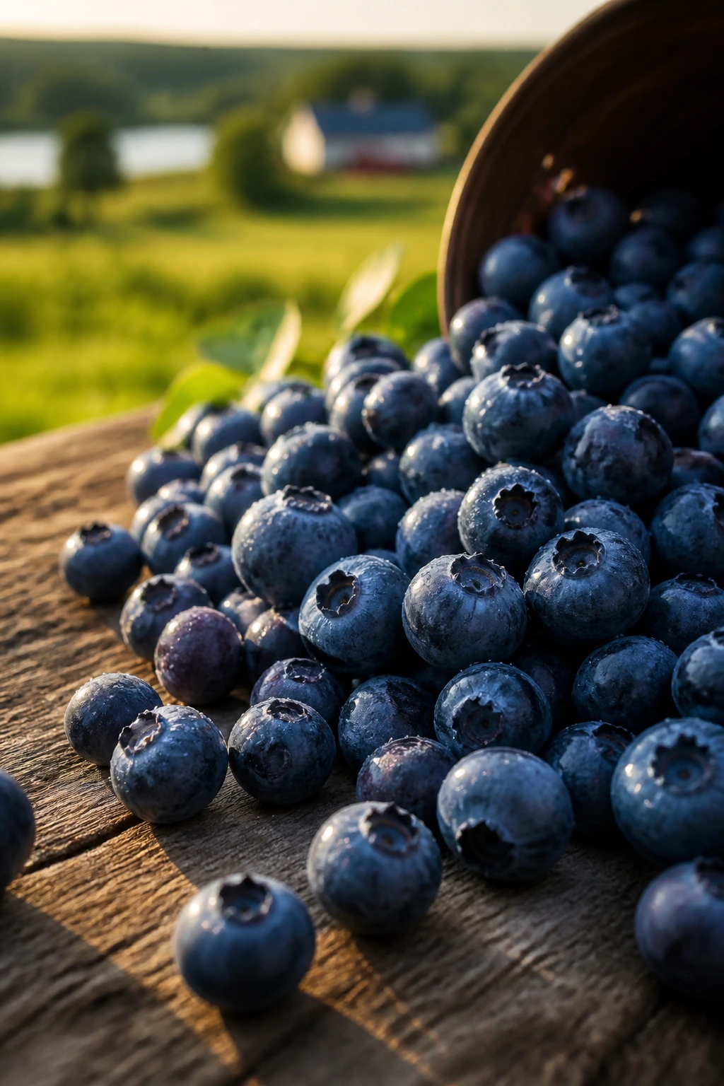 Close-up of ripe blueberries on a rustic wooden table with warm light, evoking Canadian harvest tradition