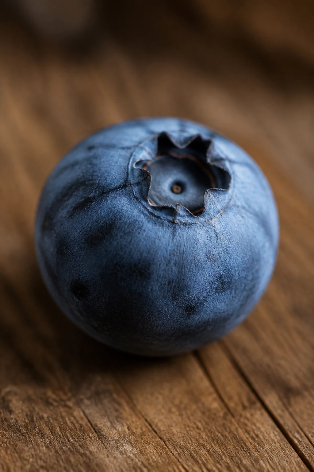 Single blueberry on a wooden surface with warm light.