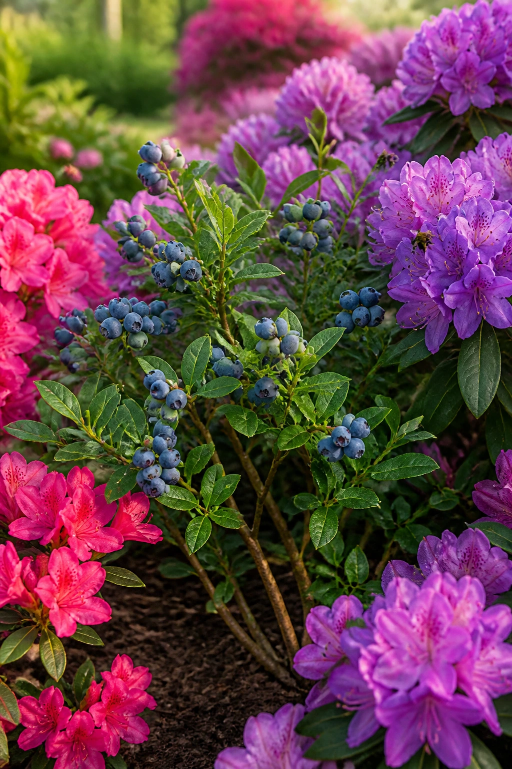 12 Best Companion Plants To Blueberries To Improve Yield 2 Blueberry shrub with azaleas and rhododendrons in a garden bed