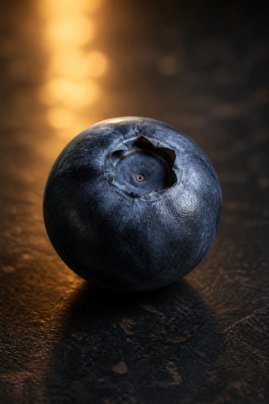 Close-up of a single blueberry on a countertop under warm light