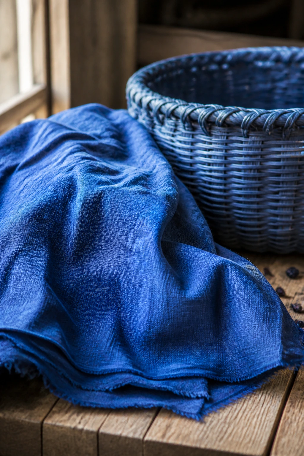 12 Interesting Fun Facts About Blueberries 7 Close-up of a blue-dyed fabric and woven basket under natural light