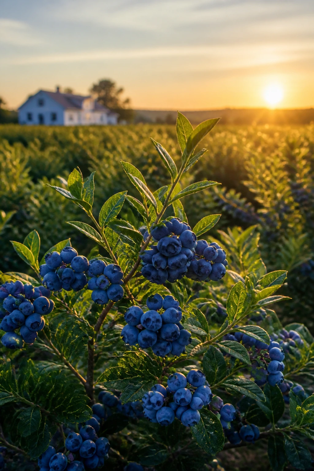 12 Interesting Fun Facts About Blueberries 8 Blueberry bushes with ripe berries in a sunlit farm field