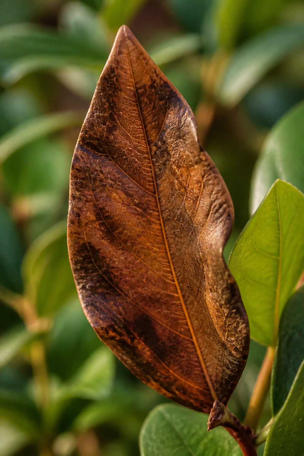 Close-up of a brown blueberry leaf on a bush in a garden