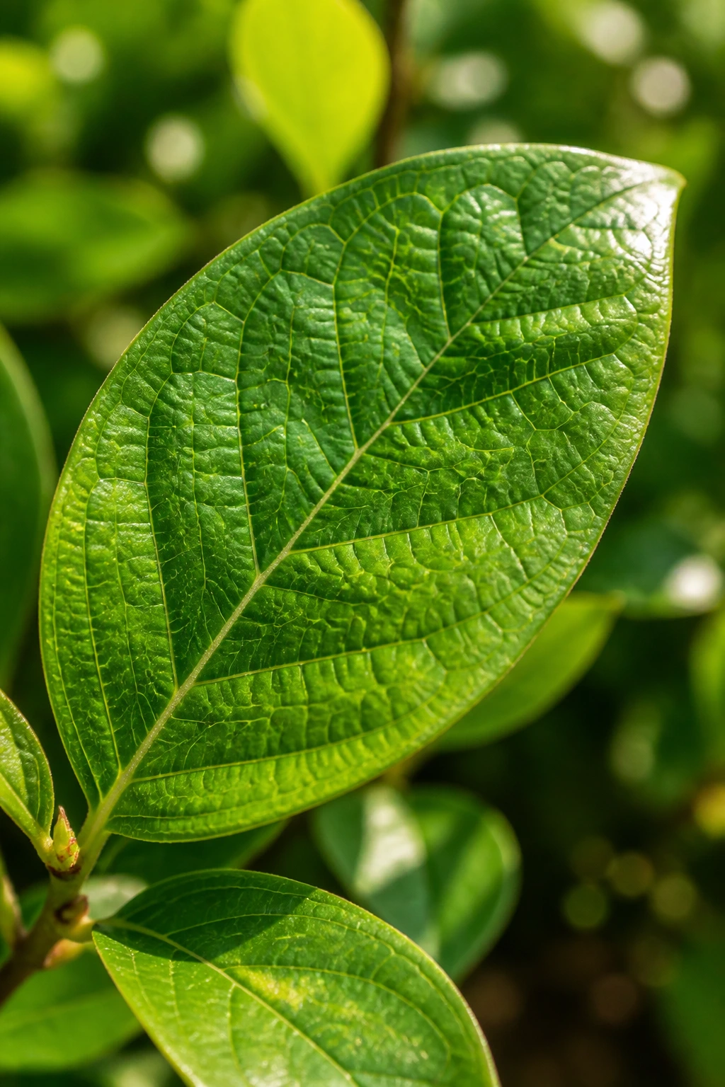 Close-up of a healthy green blueberry leaf on a bush
