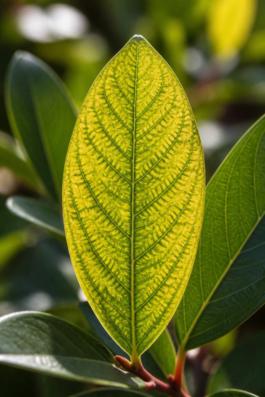 Close-up of a yellowing blueberry leaf showing interveinal chlorosis on a garden plant