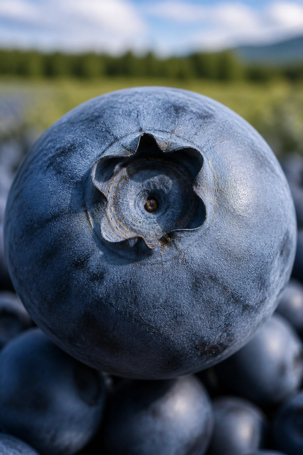 Macro shot of a single blueberry with natural farmland blur behind