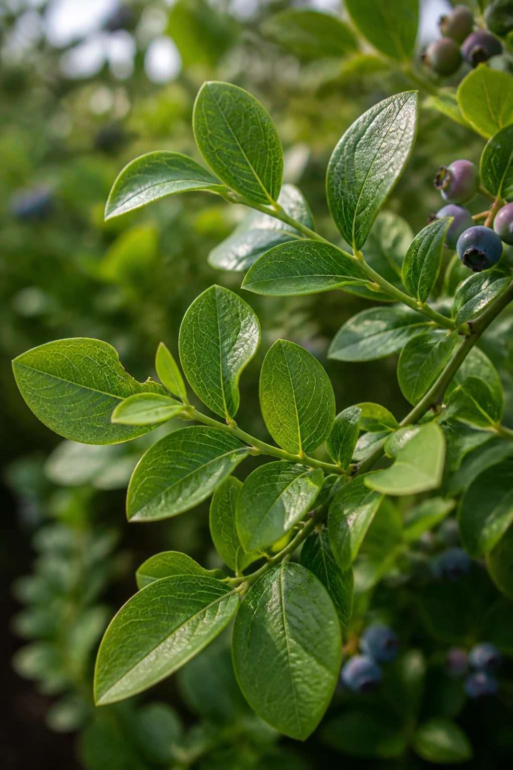Close-up of healthy green blueberry leaves on a plant in a garden.