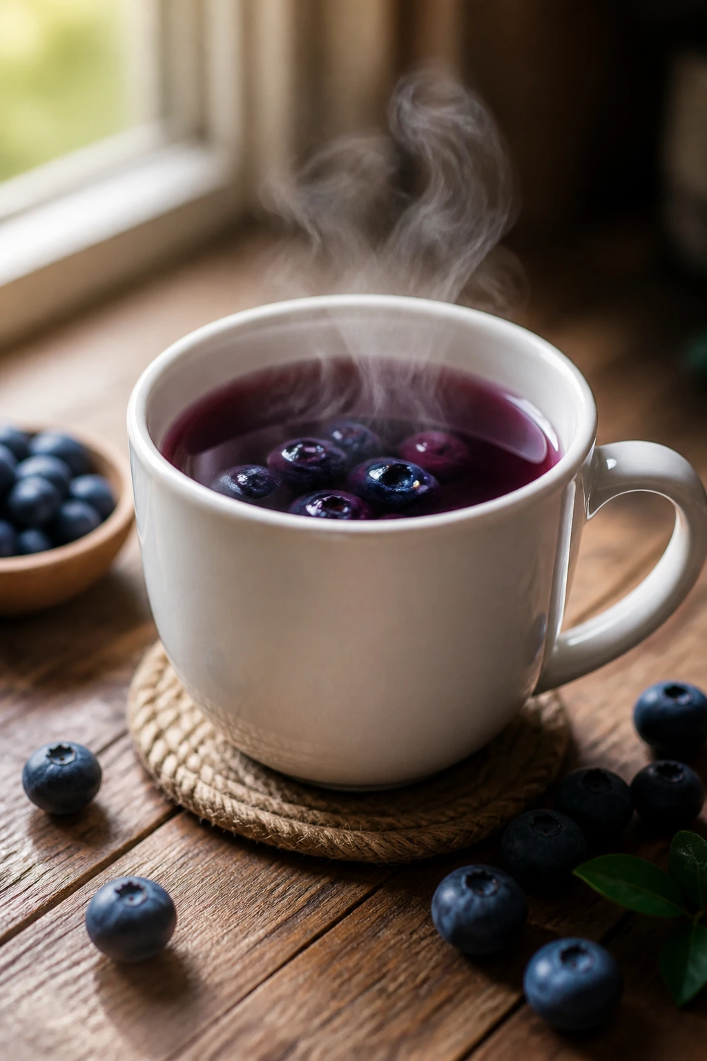 12 Amazing Health Benefits Of Blueberry Tea 2 Close-up of a steaming cup of blueberry tea on a wooden table