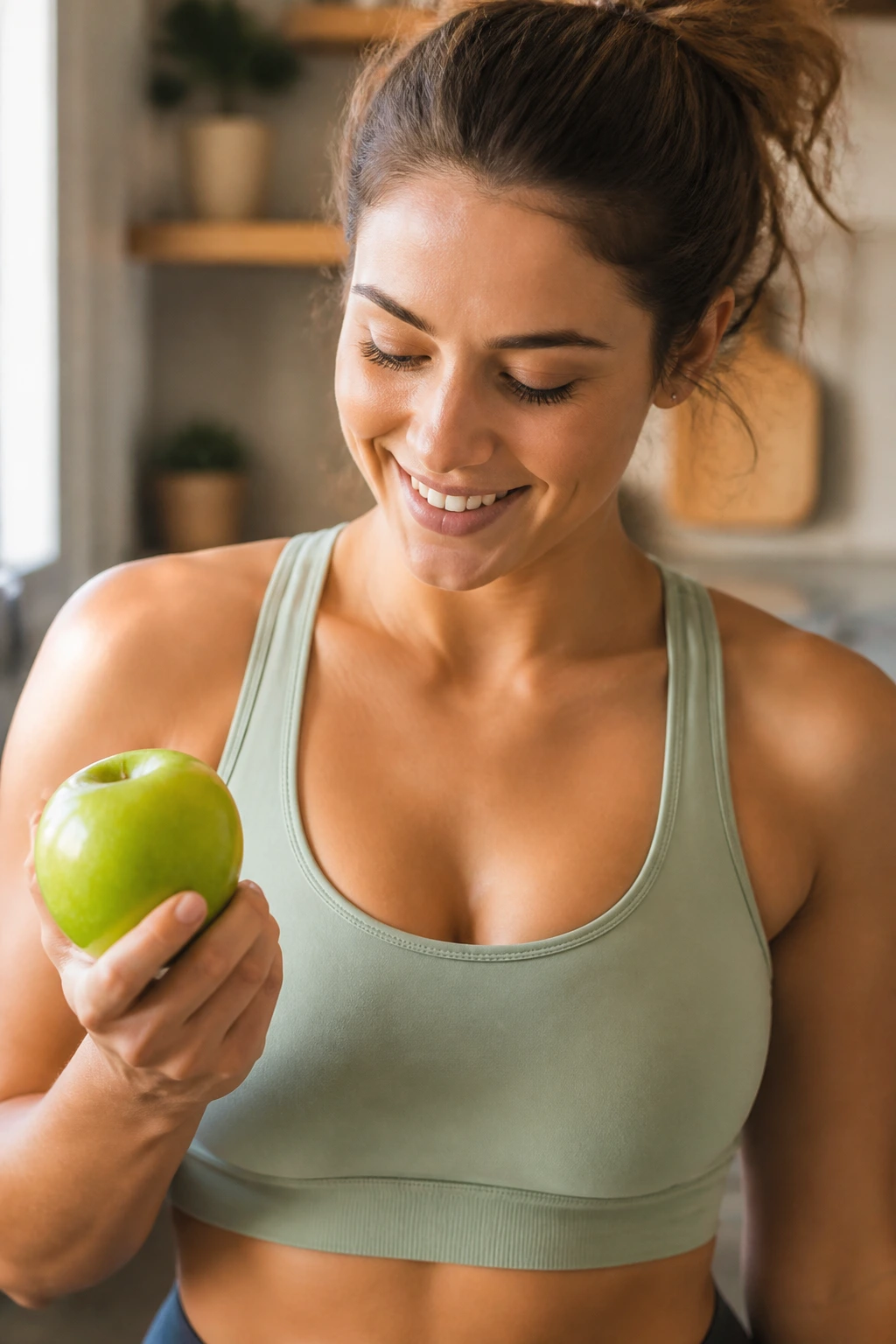 Close-up portrait of a healthy adult upper body in warm home lighting