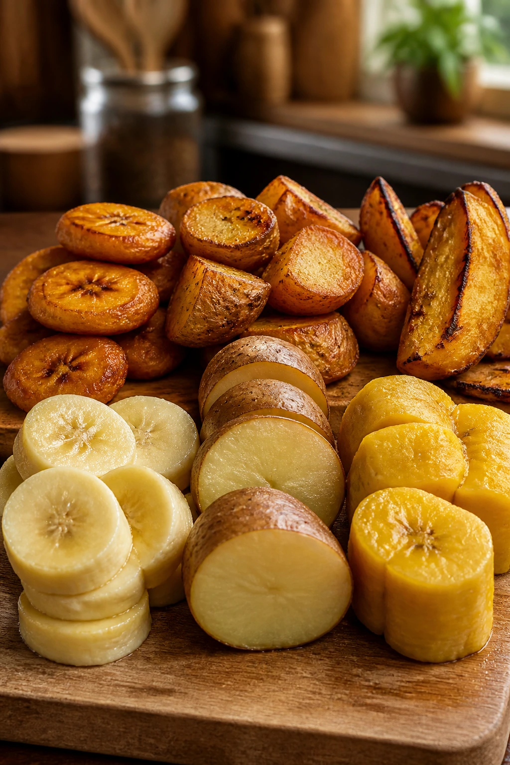Plantain Vs Potato: Which is Better? Let's Find Out 7 Plantain and potato pieces prepared for different cooking methods