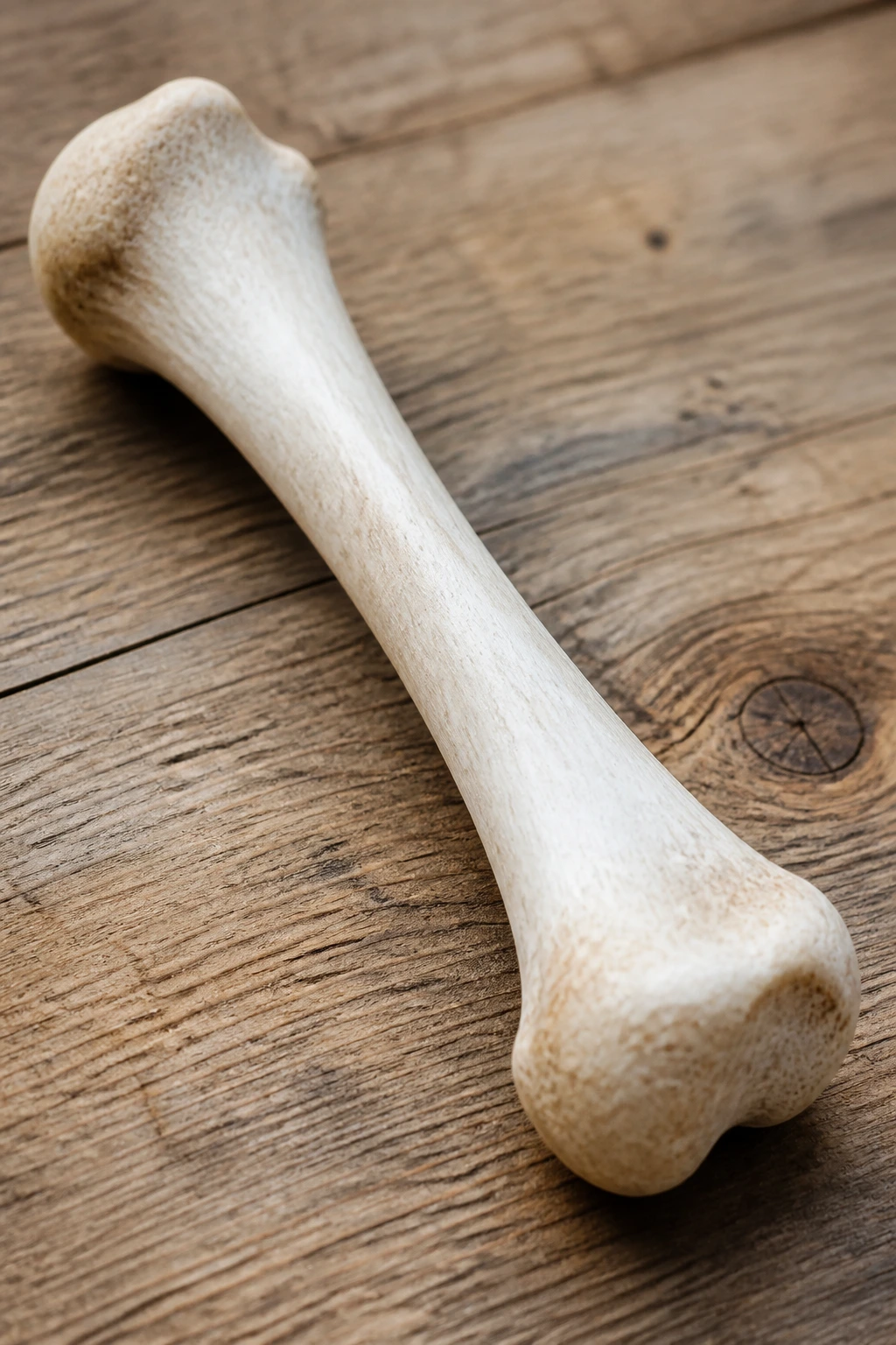 Macro shot of a bone on a wooden surface
