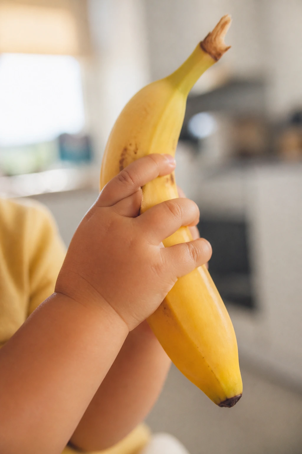 Baby hand holding a ripe banana with a blurred kitchen backdrop.