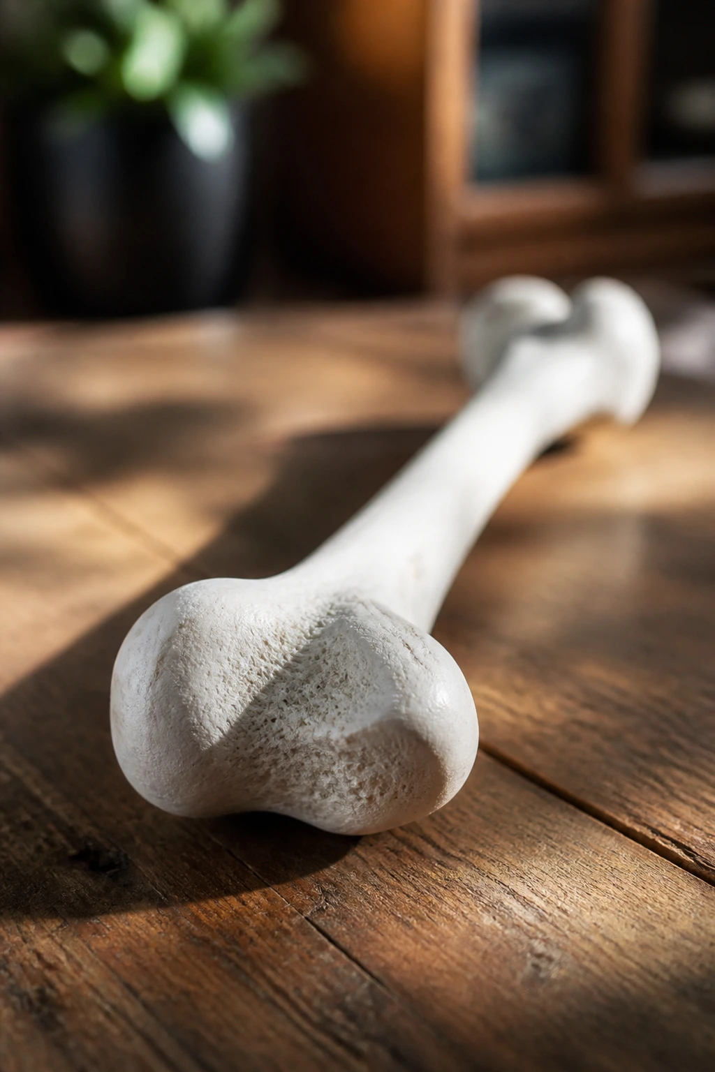 Close-up of a white bone resting on wood with dramatic lighting signaling bone health.