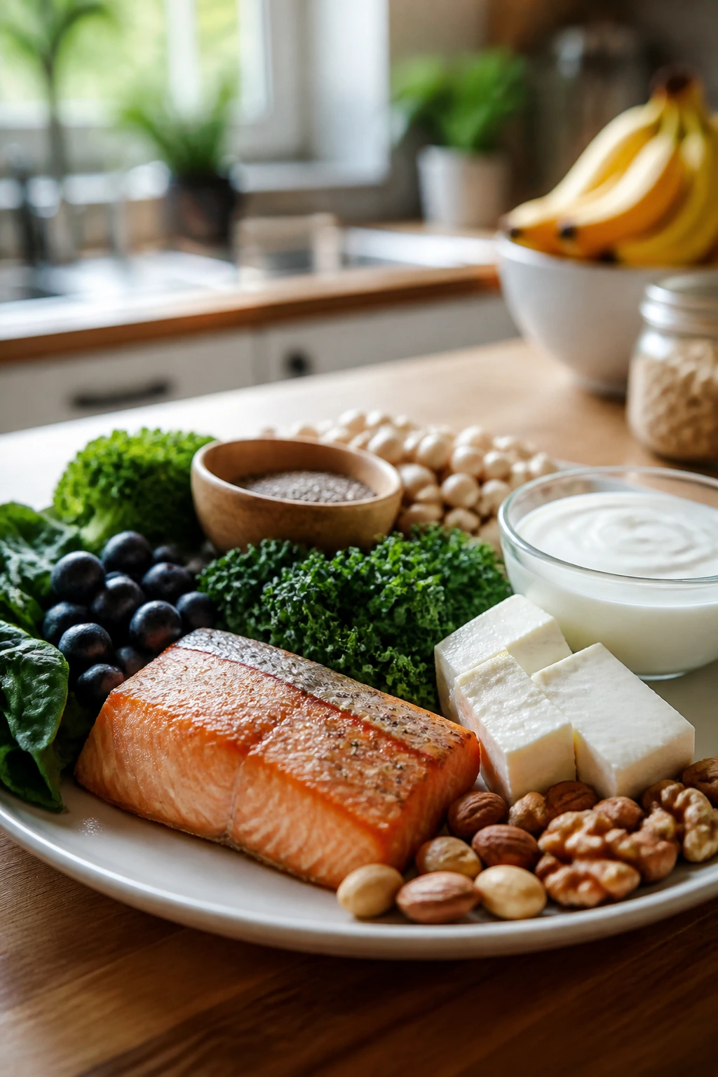 Balanced plate of bone-health foods for osteoporosis prevention