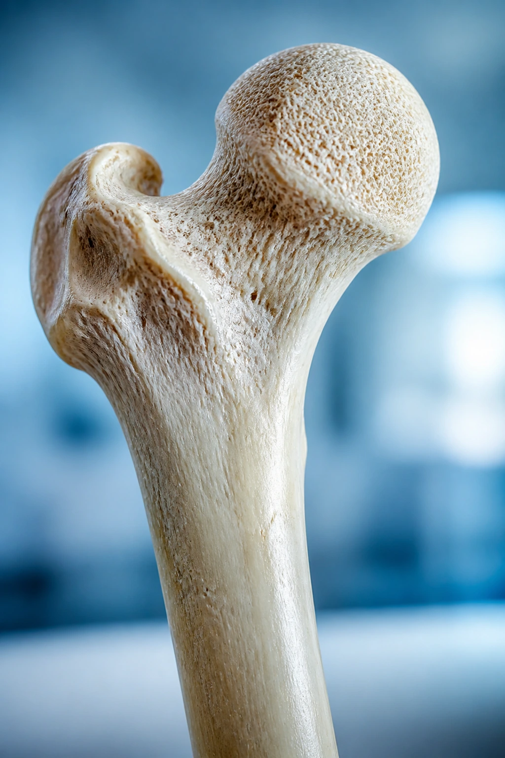 Close-up of a single human bone with textured surface in a clinical setting
