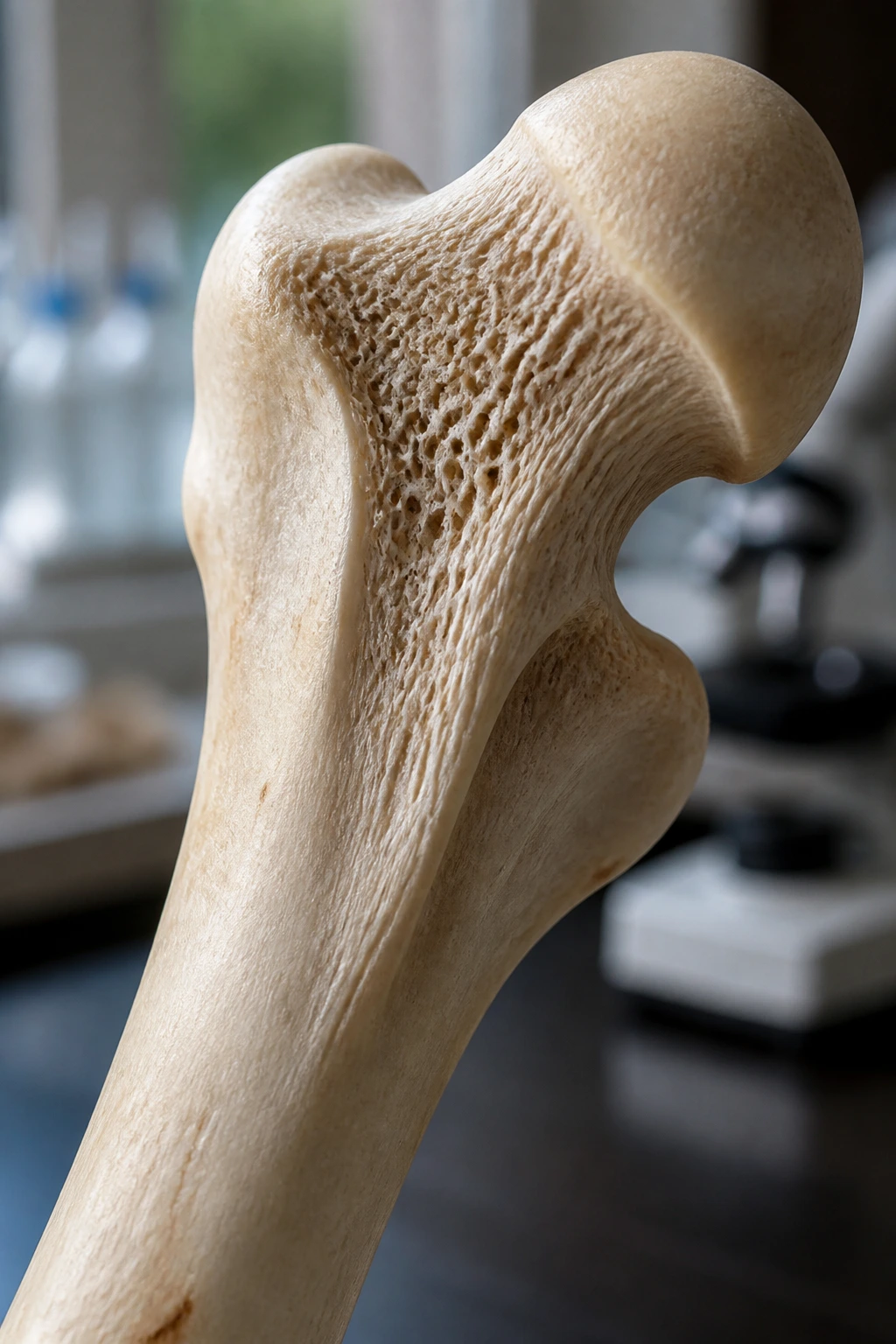 Close-up of a single human bone with detailed texture in a clinical lab setting
