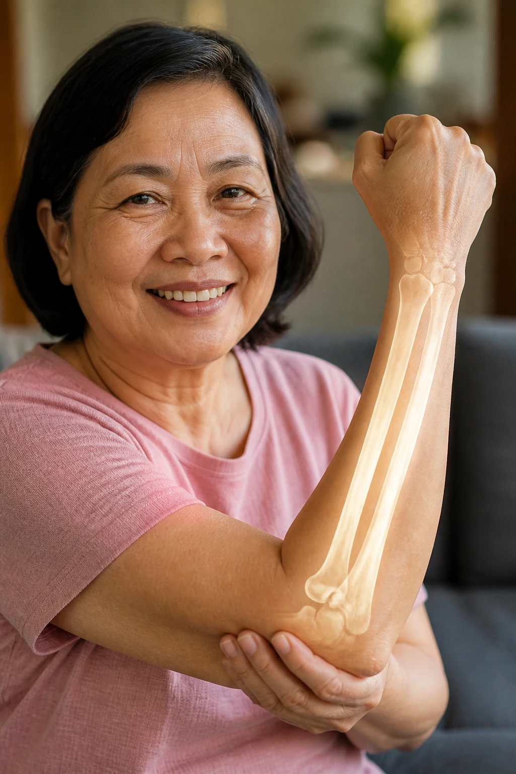 Portrait of a real person with a subtle bone-highlight overlay on the forearm.