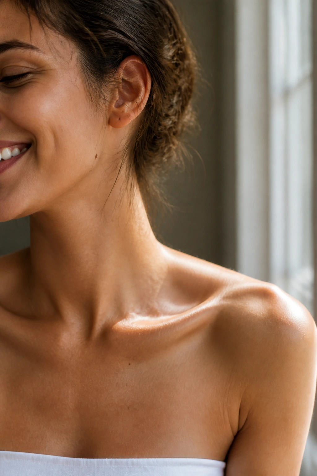 Close-up of a person’s shoulder and clavicle area with a strong bone silhouette in natural light