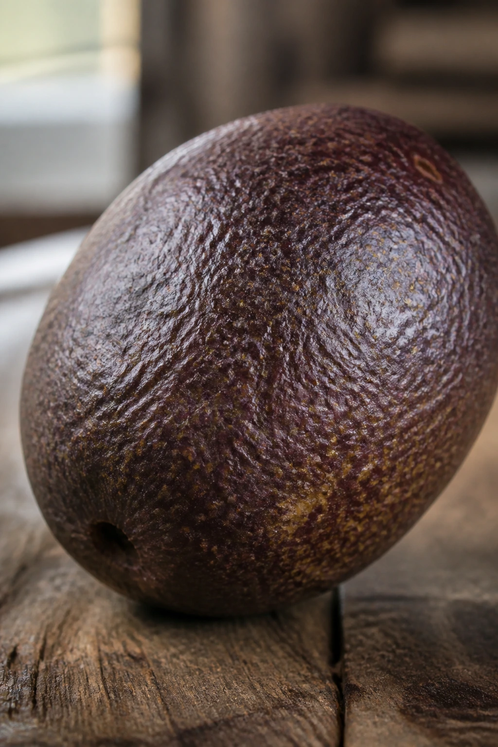 Close-up of Borojó fruit with textured brown-purple skin