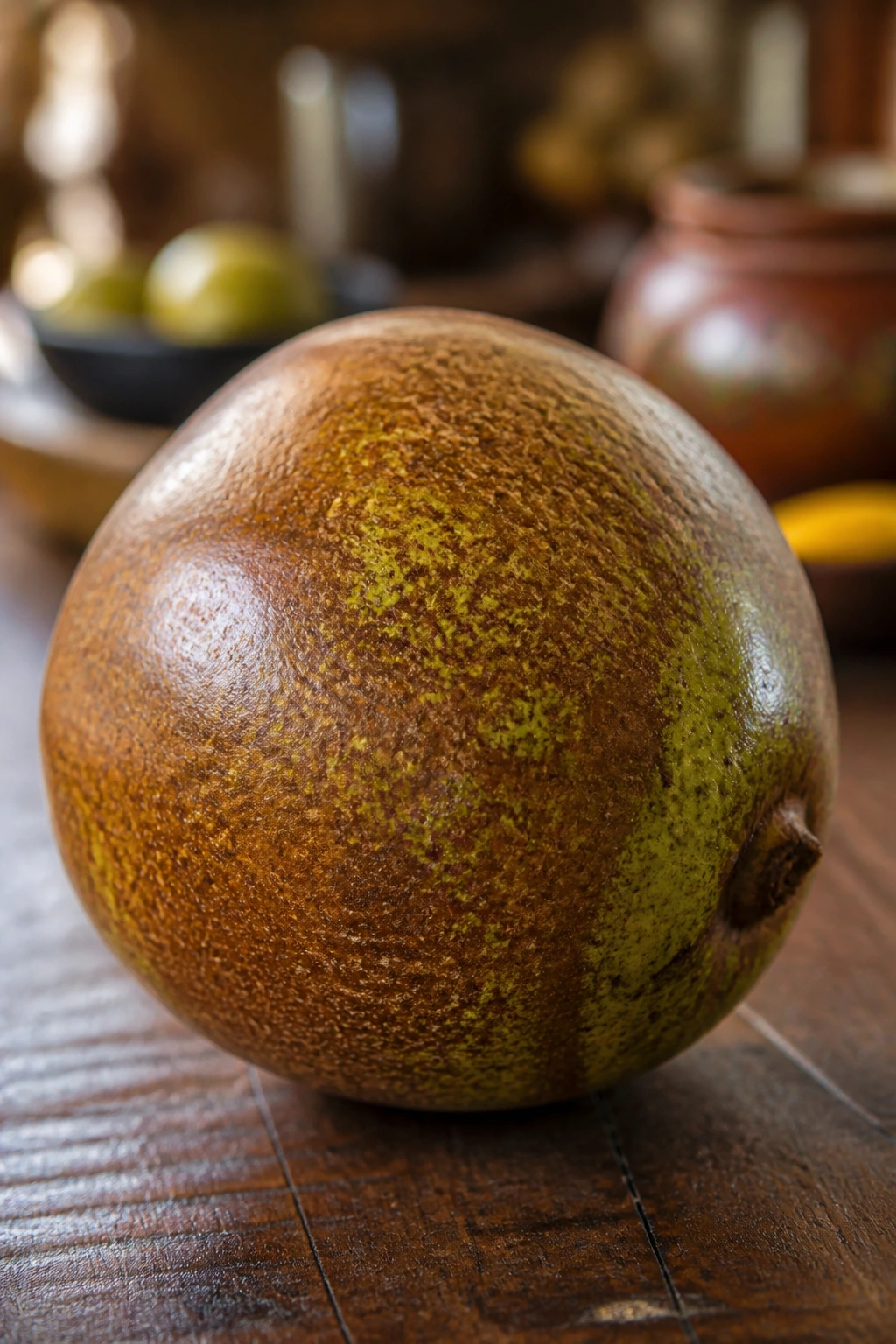 Single Borojó fruit on wood with warm background
