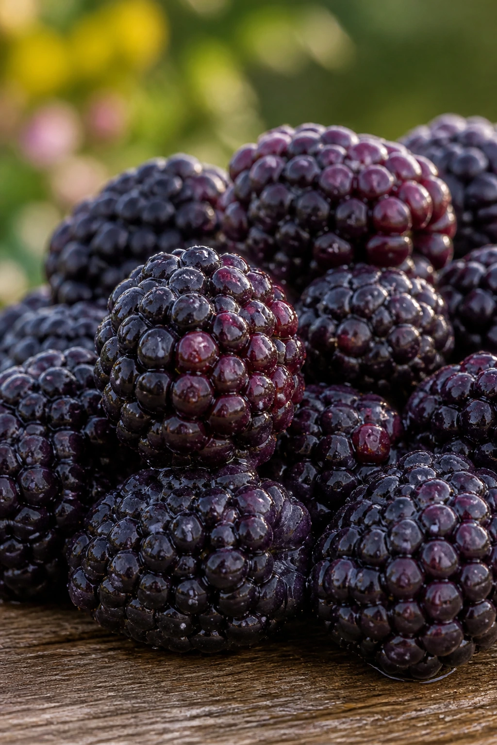 Close-up of ripe boysenberries filling the frame on a rustic wood surface.
