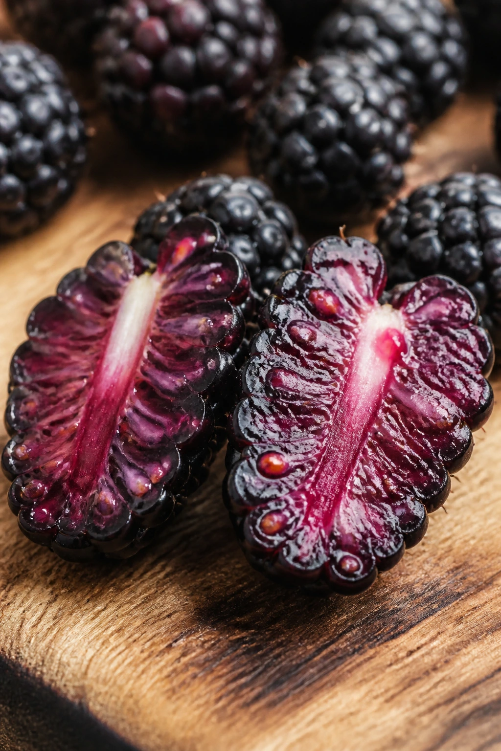 Are Boysenberries Good For You? All You Need To Know 3 Cross-section of a halved boysenberry showing interior flesh and seeds
