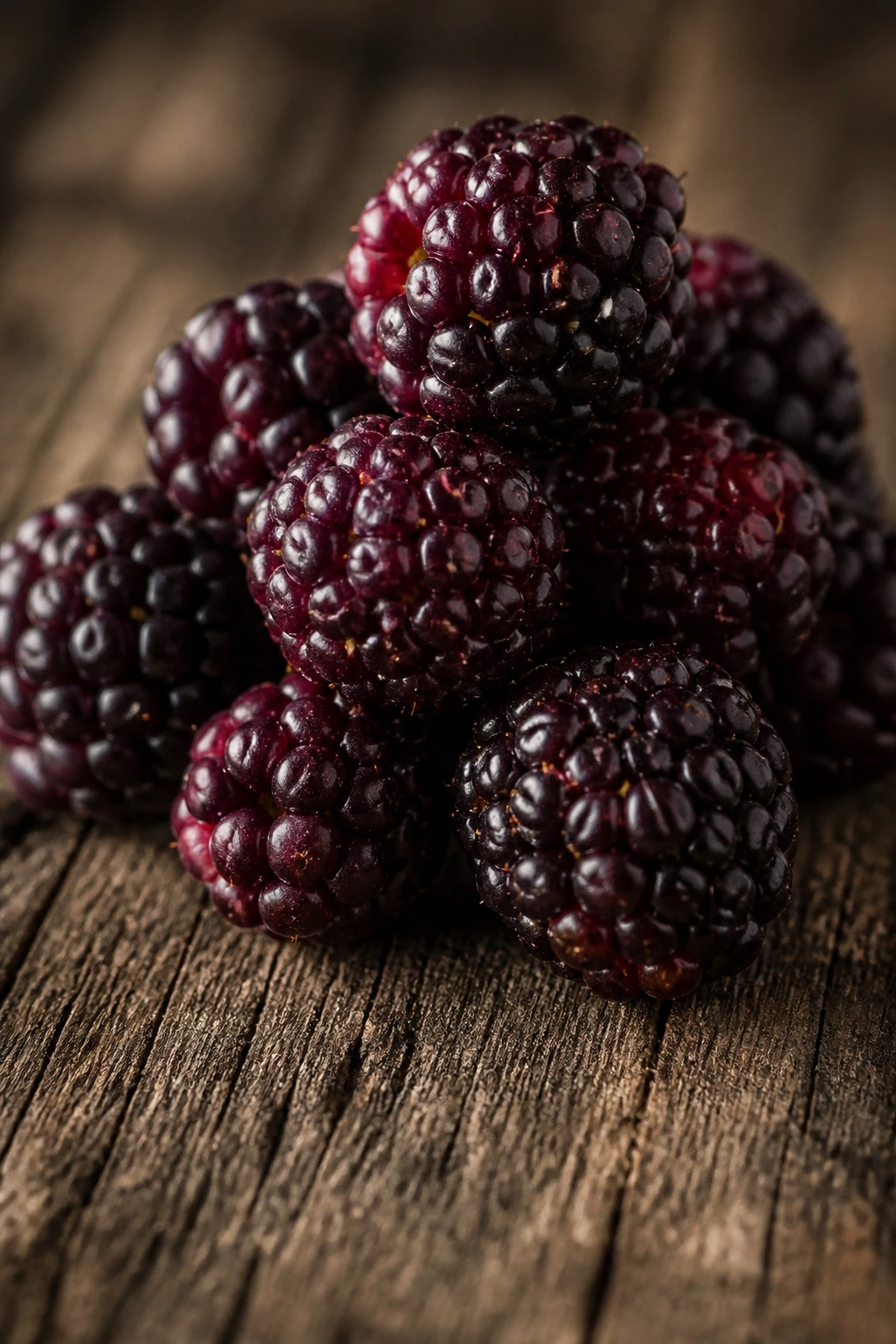 Close-up of a cluster of boysenberries on a rustic table.