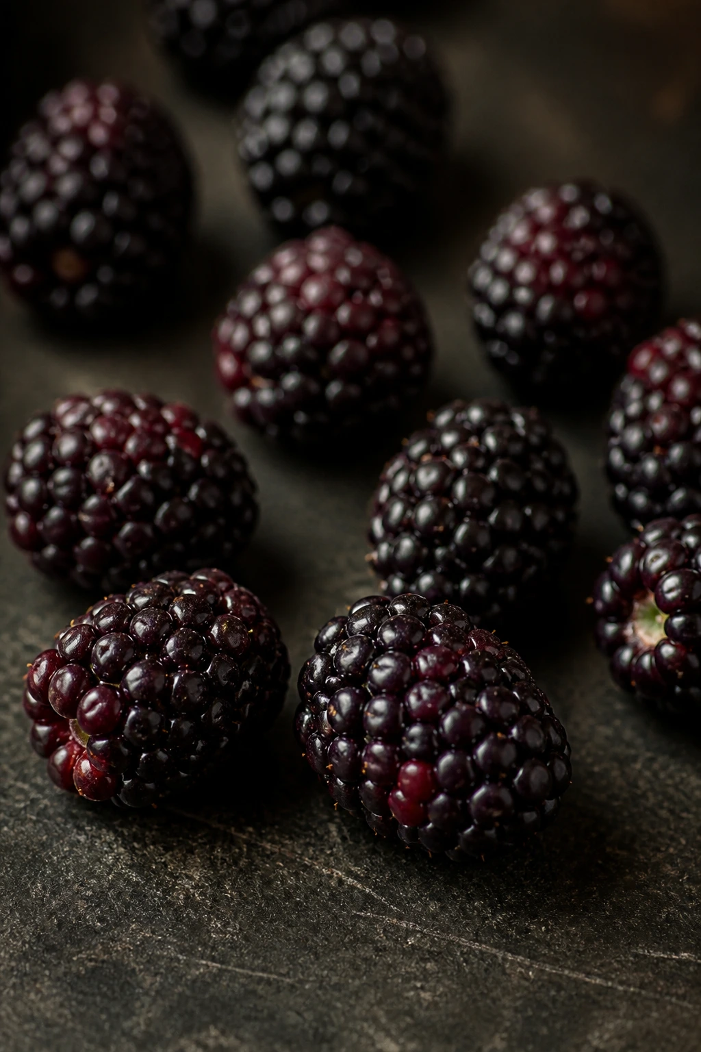 Close-up of boysenberries on a dark surface with seeds visible.