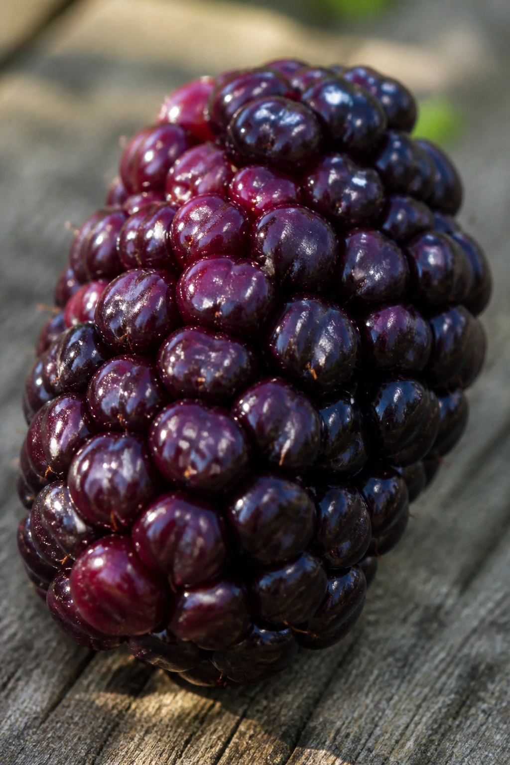 Close-up Boysenberry on wooden surface in natural light