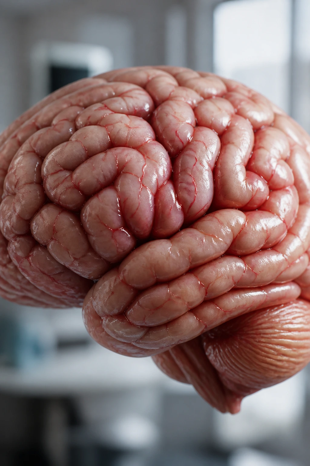 Close-up 3D render of a human brain filling the frame.