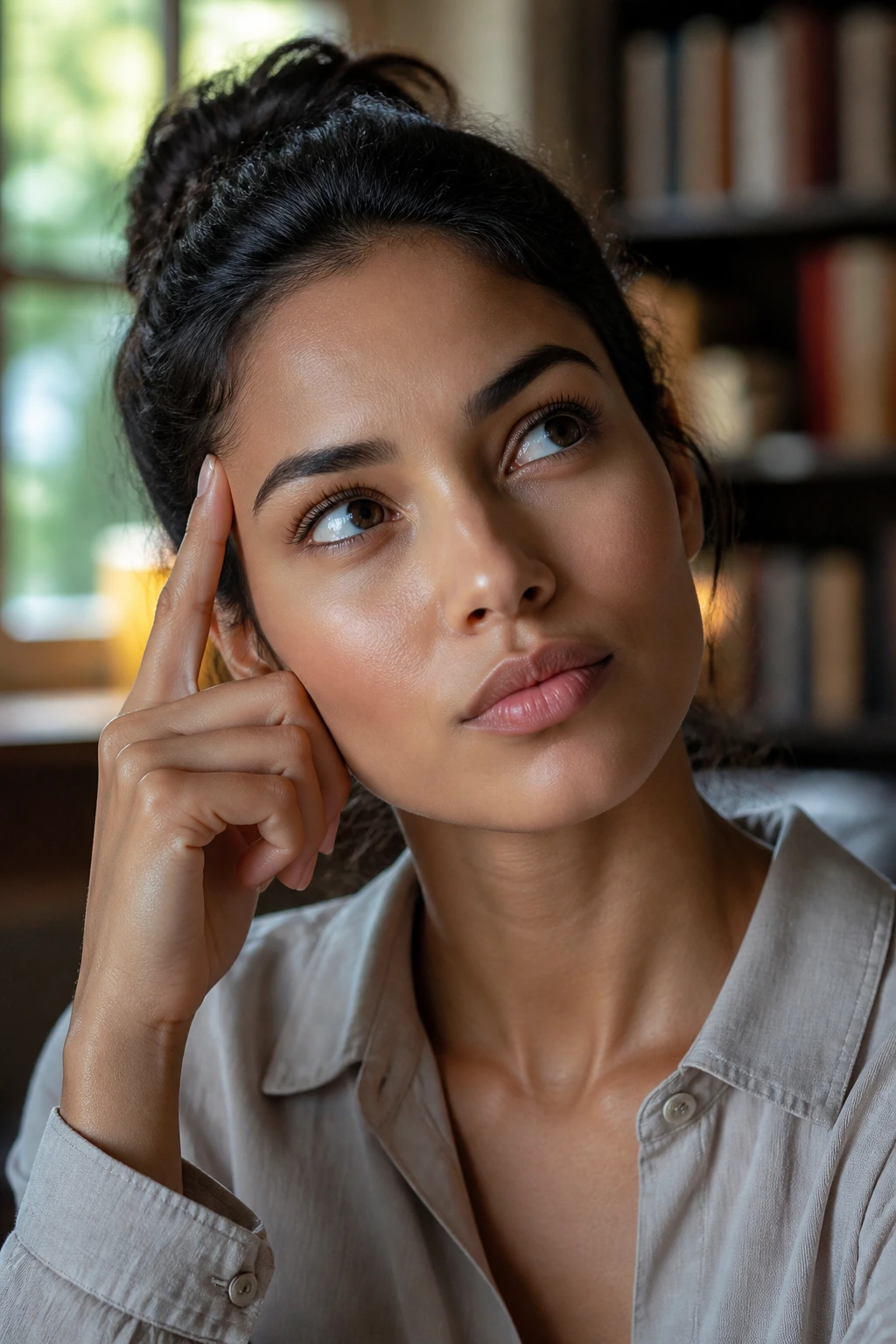 Close-up portrait of a thoughtful person in a study suggesting a smarter brain