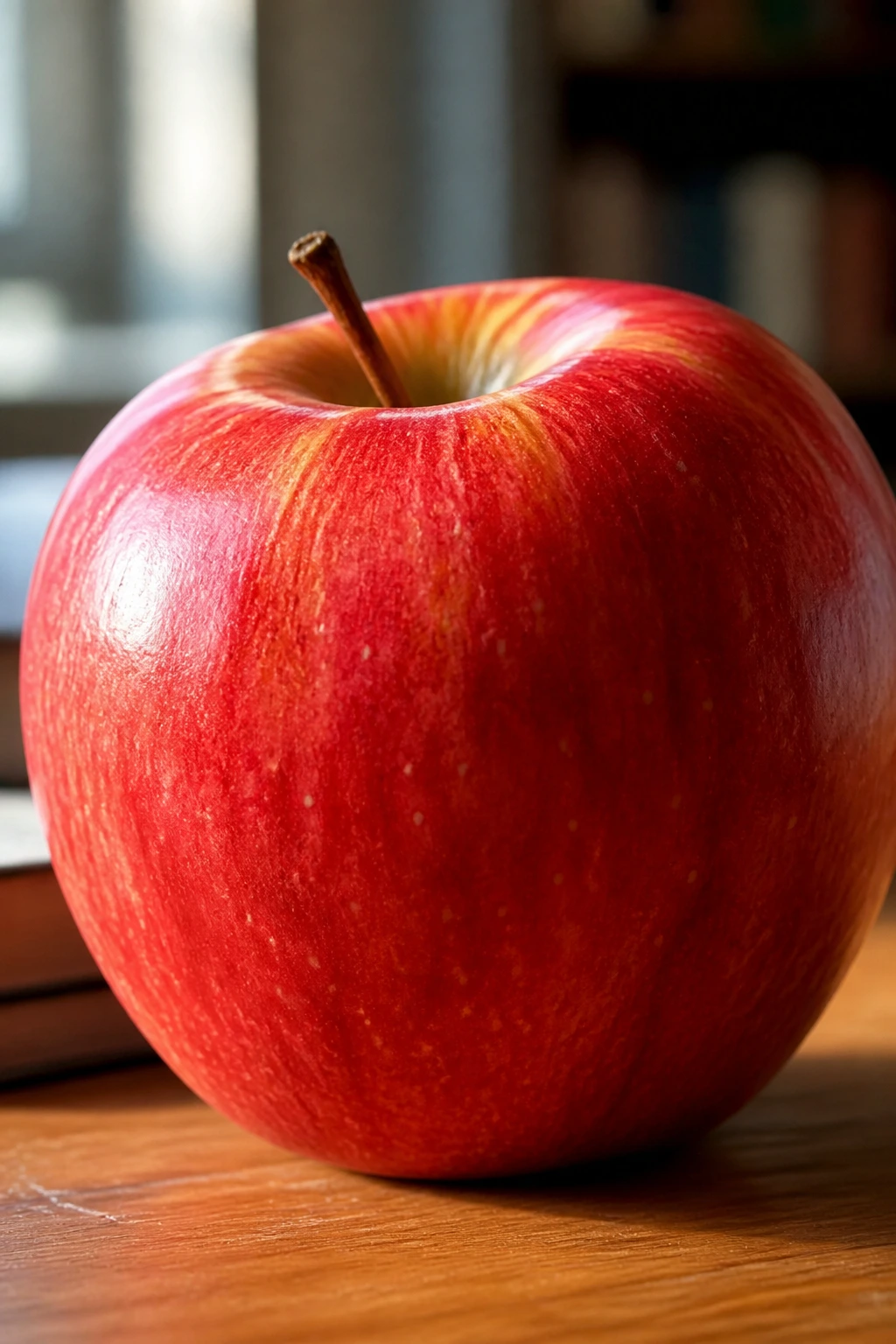 Close-up of an apple on a desk in soft daylight, symbolizing brain health